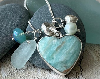 NEW! Aragonite Gemstone Sterling Silver Heart Pendant with Genuine Sea Glass Necklace