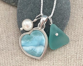 New! Petite Heart Larimar Necklace: Sterling Silver, Sea Glass and Pearl