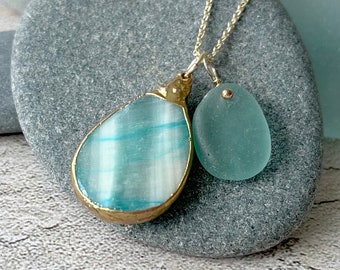 24K Gold Vermeil Teardrop Teal Gemstone with Genuine Sea Glass Necklace