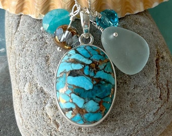 Sterling Silver Blue Copper Turquoise Pendant with Rare Light Aqua Genuine Sea Glass