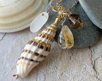 Unique & Gold Vermeil   Shell Pendant with Genuine Sea Glass Necklace