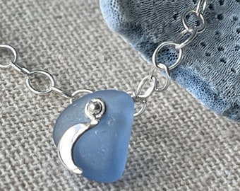 NEW! Sterling Silver Moon Charm Anklet with Rare Cornflower Blue Genuine Sea Glass