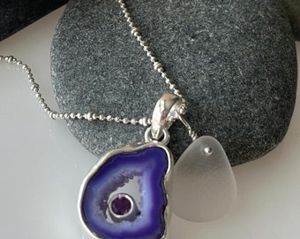 Sterling Silver Druzy Pendant Necklace: Amethyst & Sea Glass