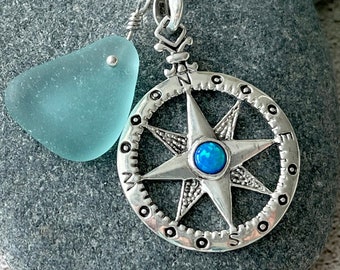 Sterling Silver Compass Necklace with Extremely Rare Teal Genuine Sea Glass