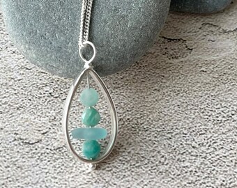 Sweet and Simple Sterling Silver Teardrop Pendant with Extremely Rare Teal Genuine Sea Glass and Amazonite Gemstones