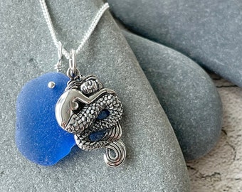 Sterling Silver Sleeping Mermaid Pendant with Rare Cornflower Blue Genuine Sea Glass Necklace