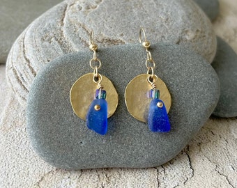 NEW! Hammered Gold Plated Rare Cobalt Blue Genuine Sea Glass Earrings