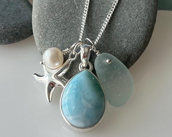 Teardrop Larimar Necklace: Sterling Silver, Sea Glass, Pearl, Starfish Charm