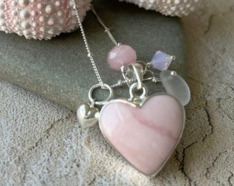 NEW! Pink Opal Gemstone Sterling Silver Heart Pendant with Genuine Sea Glass Necklace