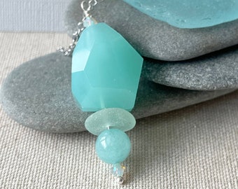 Sterling Silver Chalcedony Pendant with Genuine Sea Glass