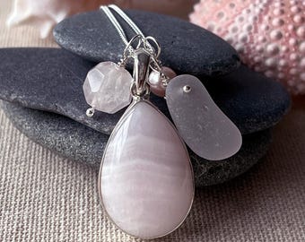 Sterling Silver Pink Aragonite Pendant: Genuine Sea Glass Necklace
