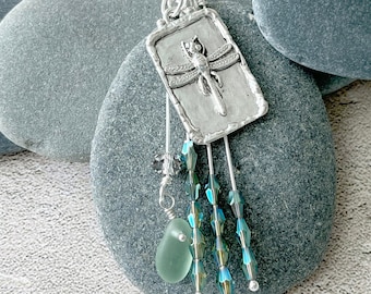 Dragonfly Drama Silver Plated Rectangle  Pendant with Genuine Sea Glass Necklace