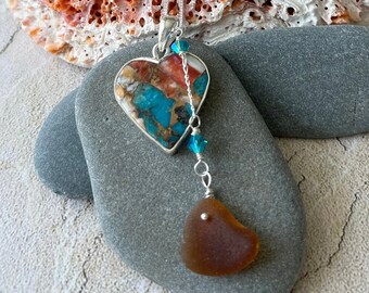 New! Sterling Silver Oyster and Turquoise Heart Pendant with Genuine Sea Glass