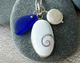 Unique Oval Shiva Shell SS Necklace with Rare Genuine Cobalt Blue Sea Glass