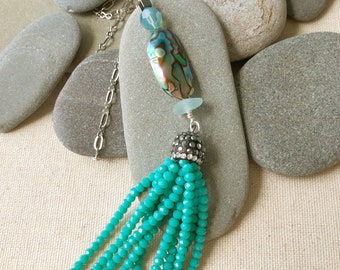 SALE! On Trend Aqua Crystal Tassel Pendant with Aqua Genuine Sea Glass Necklace