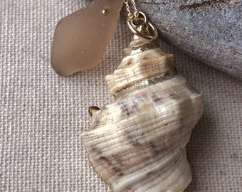 NEW! Large 24K Gold Vermeil Natural Shell with Genuine Sea Glass Necklace