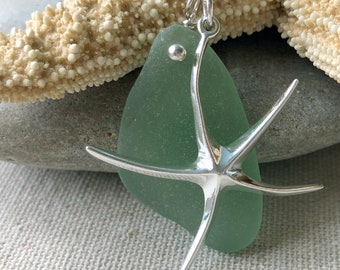 Large Sterling Silver Starfish (Sea Star) Necklace with Green Genuine Sea Glass