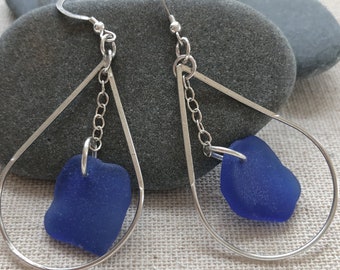 Large Teardrop Sterling Silver Modern Earrings with Rare Cornflower Blue Genuine Sea Glass