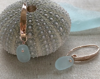 Contemporary Sleek 18K Rose Gold Plate Hammered Earrings with Soft Blue Genuine Sea Glass
