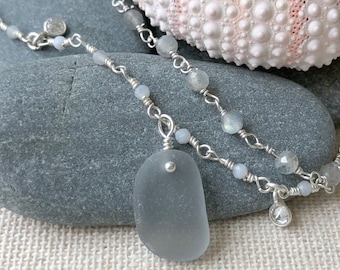 New and Trending Double Strand Necklace with Gray and Cubic Zirconia Beaded Sterling Silver Chain with Extremely Rare Gray Genuine Sea Glass