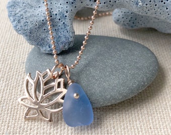 18K Rose Gold Plated Lotus Flower with Rare Cornflower Blue Genuine Sea Glass Necklace