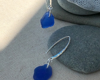 Long and Sleek Modern Sterling Silver Hammered Earrings with Rare Cobalt Blue Genuine Sea Glass
