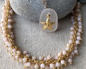 New! Gold Filled Tiny Pink Opal Bead Layering Necklaces Set with White Genuine Pink Sea Glass