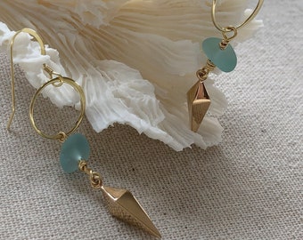 Unique 24K Gold Plated Bronze Spike Dangle Charm Earrings with Rare Aqua Genuine Sea Glass