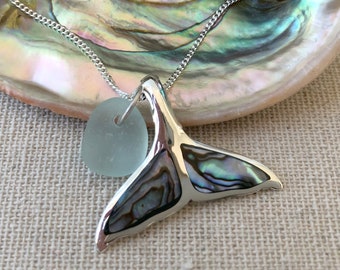 Sterling Silver and Abalone Whale Tail Pendant with Seafoam Light Green Genuine Sea Glass Necklace