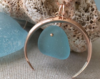 Rose Gold Crescent Moon Necklace: Teal Sea Glass Pendant