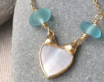 24K Gold Vermeil Mother of Pearl Heart Necklace with Genuine Teal Sea Glass