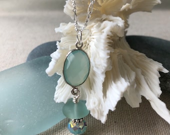 Chalcedony Gemstone Sterling Silver Oval Pendant with Genuine Sea Glass Necklace