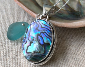 Abalone Pendant Necklace: Sterling Silver, Teal Sea Glass, Handmade