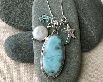 Elegant Long  Oval Sterling Silver Larimar Necklace with Soft Blue Sea Glass and Starfish Charm