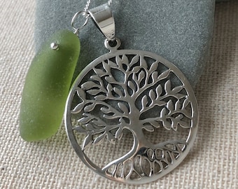 Sterling Silver Tree of Life Pendant and Rare Citron Genuine Sea Glass Necklace