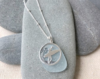 Surfer Girl with Palm Tree Circle Sterling Silver Charm with Soft Blue Genuine Sea Glass Necklace