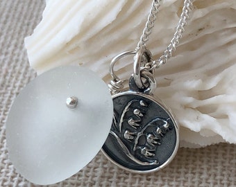 NEW! Tiny Sterling Silver Lily of the Valley Charm with Genuine Sea Glass Necklace