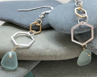 New! Mixed Metal Honeycomb  Earrings with Sea Foam Light Green Genuine Sea Glass