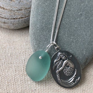 Sterling Silver Mermaid on Oval Medallion with Extemely Rare Teal Genuine Sea Glass Necklace