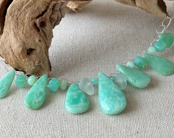 Single Strand Bright Green Chrysoprase with Genuine Seafoam Sea Glass Crochet Necklace