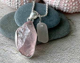Rose Quartz Rough Gemstone Sterling Silver Pendant with Genuine Sea Glass Necklace