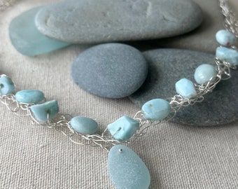 Larimar Wire Crochet Necklace with Rare Light Aqua Genuine Sea Glass