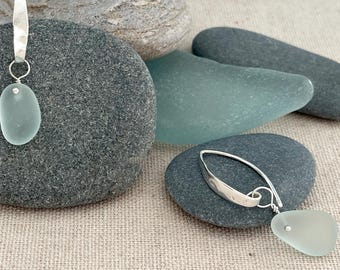 Contemporary Sleek SS Hammered Earrings with Seafoam Light Green Genuine Sea Glass