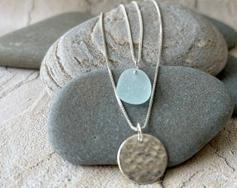 Trending! Sterling Silver Hammer Finish Round Pendant and  Rare Light Aqua Genuine Sea Glass Necklaces