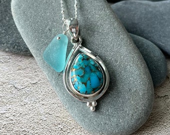 NEW! Sterling Silver Copper Turquoise Pendant with Extremely Rare Teal Genuine Sea Glass