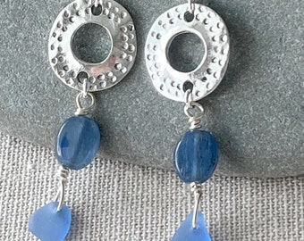 Circle Hammered Earrings with Kyanite Gemstone and Rare Cornflower Blue Genuine Sea Glass