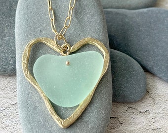 NEW! Modern Gold Plated Heart with Heart Shaped Genuine Sea Glass Necklace