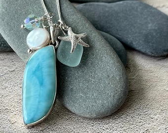 NEW! Unique Curvy Sterling Silver Larimar Necklace with Genuine Sea Glass and Starfish Charm