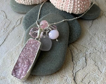NEW! Pink Dazzingly Druzy Gemstone Sterling Silver Pendant with Genuine Sea Glass Necklace