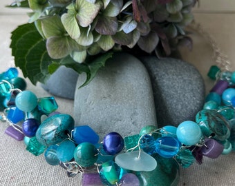 Peacock Wire Crochet Necklace, Earrings, and Genuine Sea Glass